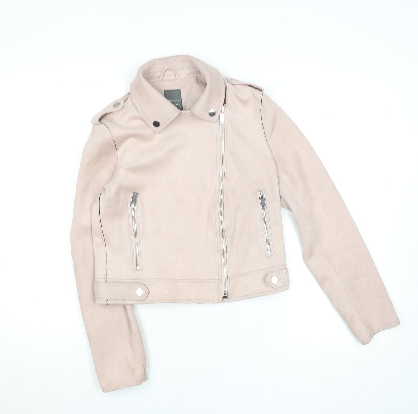 Primark Women Beige Faux Suede Biker Jacket Size 12 Zip Short