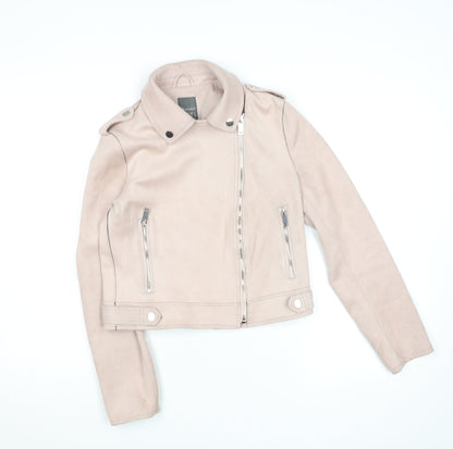 Primark Women Beige Faux Suede Biker Jacket Size 12 Zip Short
