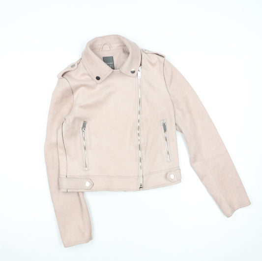 Primark Women Beige Faux Suede Biker Jacket Size 12 Zip Short
