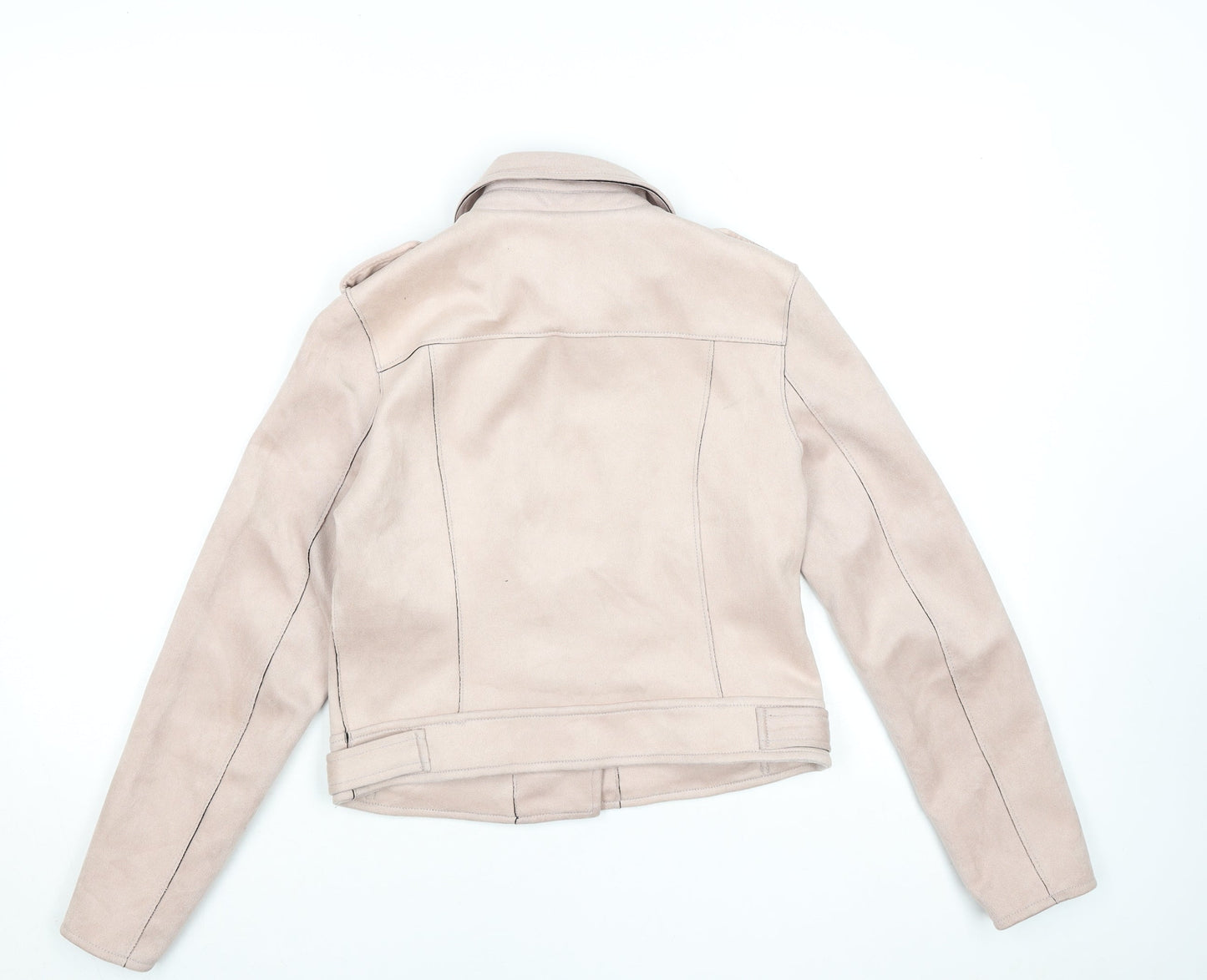 Primark Women Beige Faux Suede Biker Jacket Size 12 Zip Short