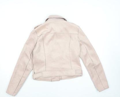 Primark Women Beige Faux Suede Biker Jacket Size 12 Zip Short