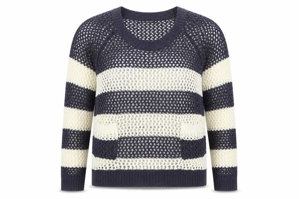 Front view of Dunnes Women Blue White Striped Open-Knit Acrylic Jumper L