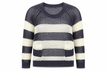 Front view of Dunnes Women Blue White Striped Open-Knit Acrylic Jumper L