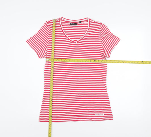 Peter Storm Women Red Striped Cotton V-Neck T-Shirt Size 10