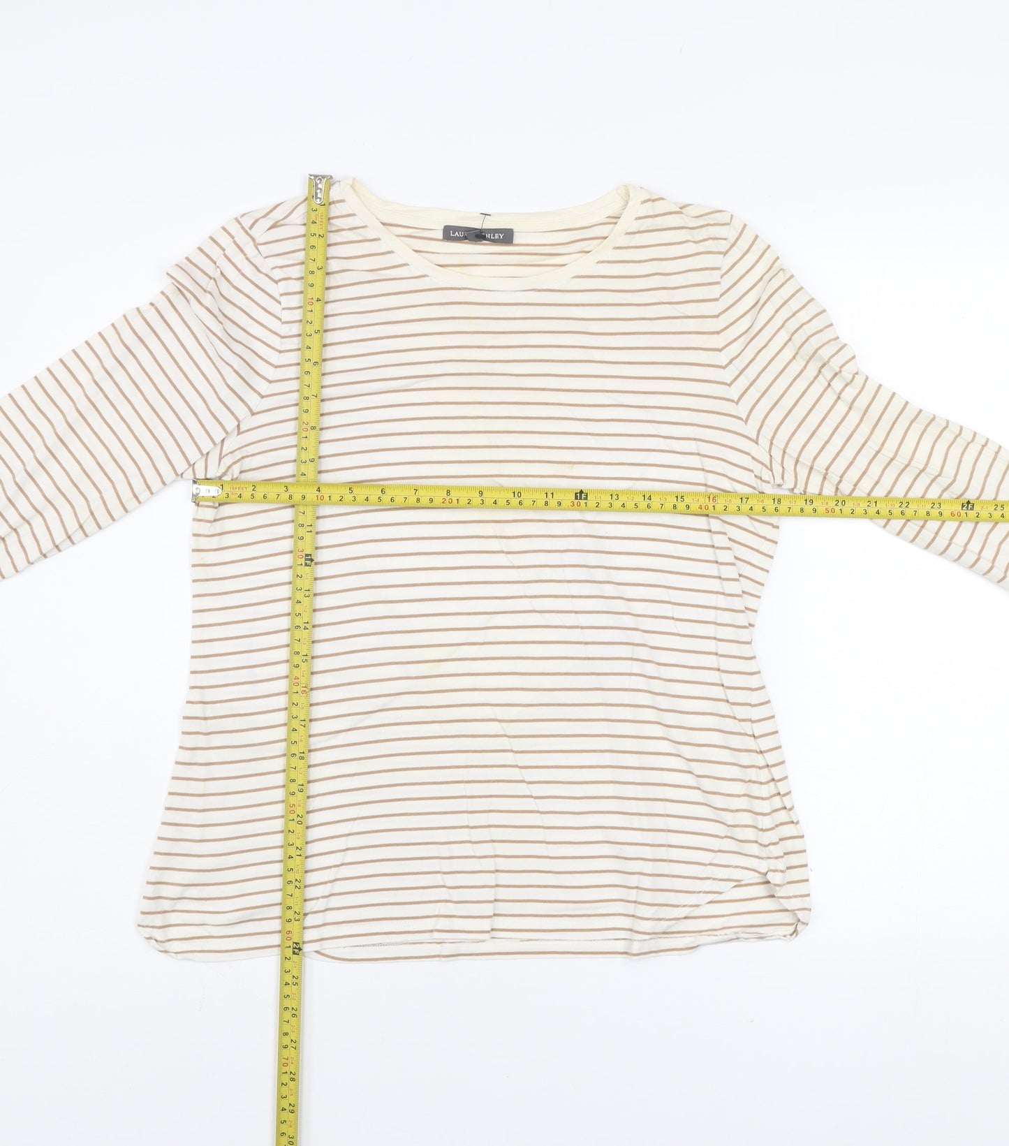 Laura Ashley Women’s Beige Striped Long Sleeve Cotton T-Shirt UK 14
