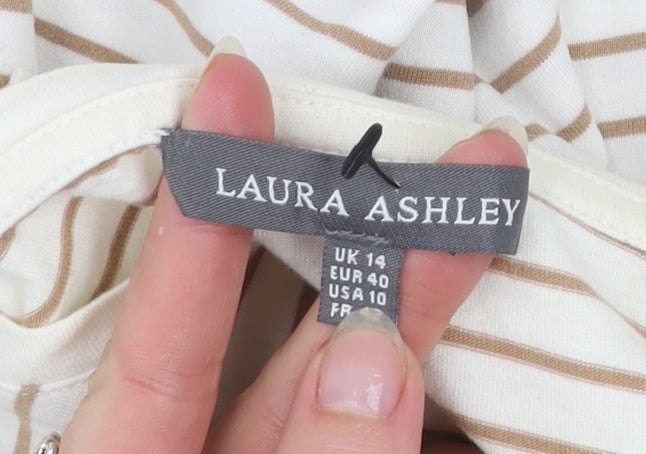 Laura Ashley Women’s Beige Striped Long Sleeve Cotton T-Shirt UK 14