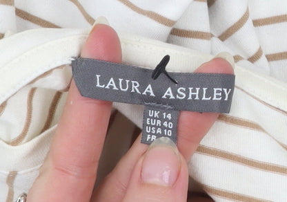 Laura Ashley Women’s Beige Striped Long Sleeve Cotton T-Shirt UK 14