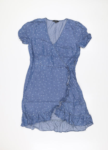 Next Women Blue Floral Wrap Dress Size 12 Short Sleeve Ruffle Hem