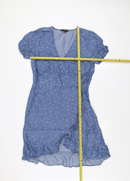 Next Women Blue Floral Wrap Dress Size 12 Short Sleeve Ruffle Hem
