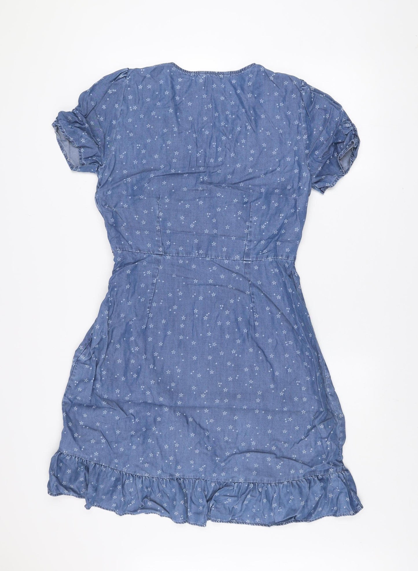 Next Women Blue Floral Wrap Dress Size 12 Short Sleeve Ruffle Hem