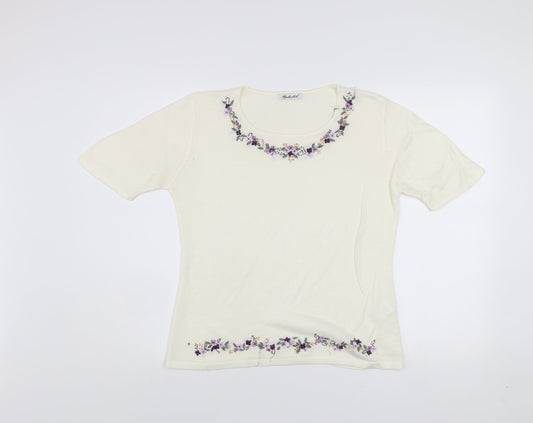 Berkertex Women's Ivory Floral Embroidered Knit Top Size 12