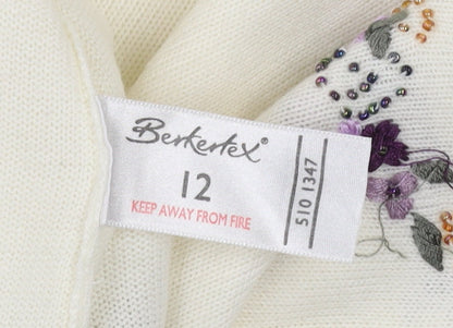 Berkertex Women's Ivory Floral Embroidered Knit Top Size 12