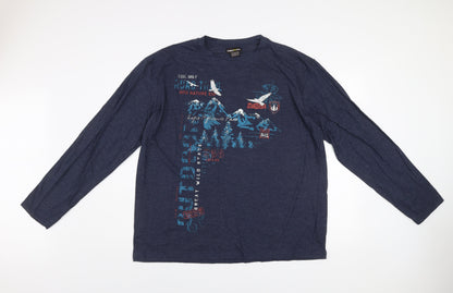 Atlas For Men Navy Blue Long Sleeve Graphic Cotton Blend T-Shirt XL