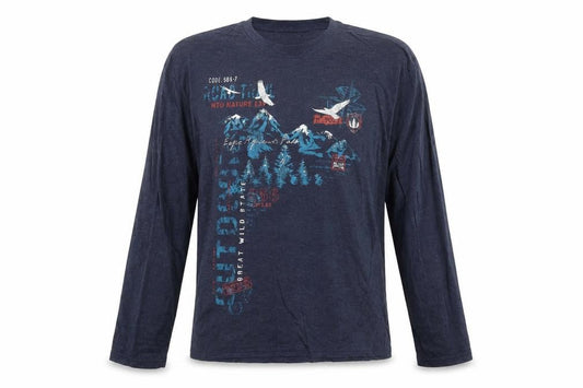 Front view of Atlas For Men Navy Blue Long Sleeve Graphic Cotton Blend T-Shirt XL