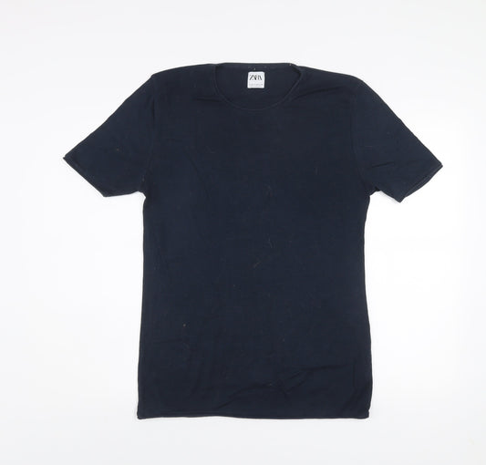 Zara Men's Blue Crew Neck Short Sleeve Cotton T-Shirt Size M