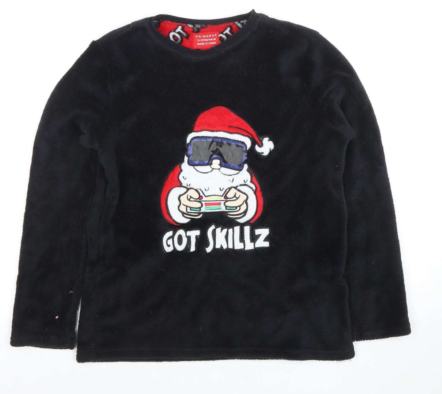 Primark Boys Black Fleece Santa 'Got Skillz' Long Sleeve Pyjama Top 13-14 Years