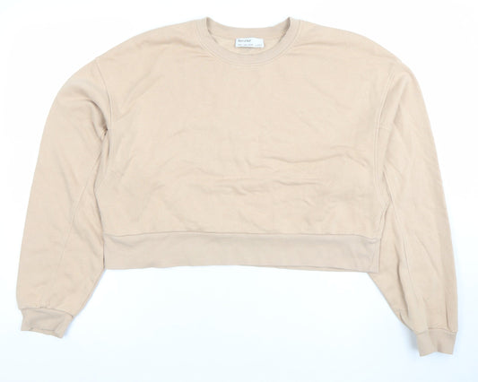 Bershka Women Beige Crop Pullover Sweatshirt Size 6 Crew Neck