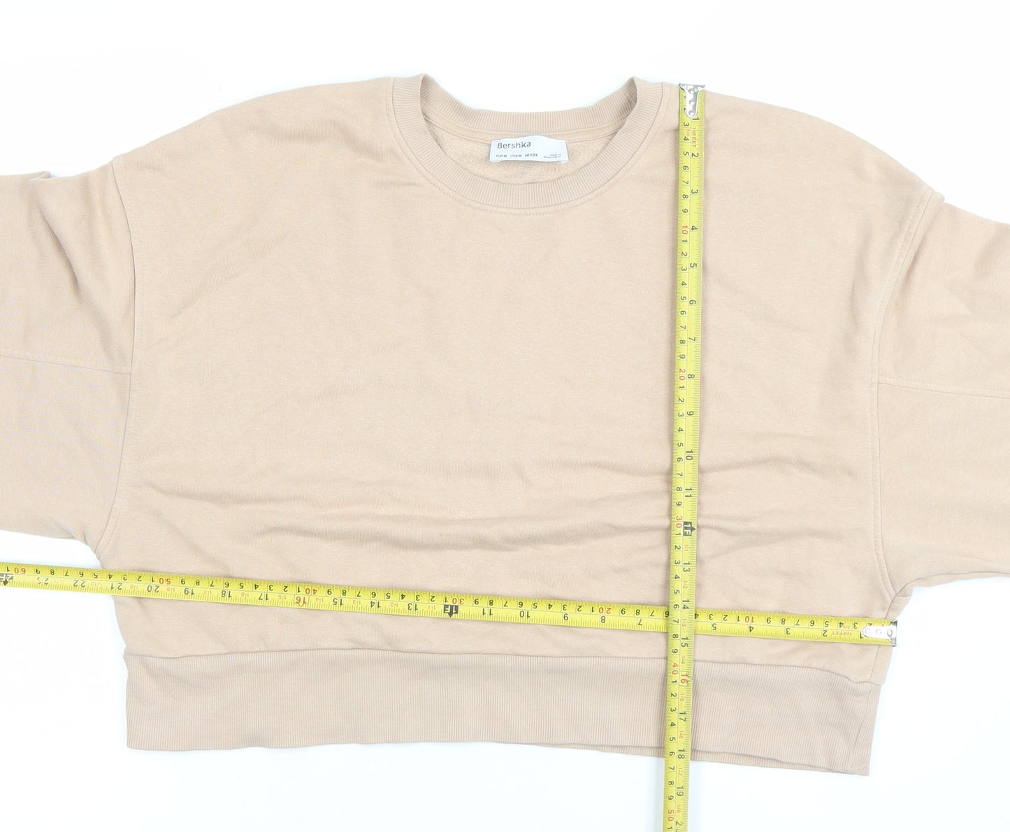 Bershka Women Beige Crop Pullover Sweatshirt Size 6 Crew Neck