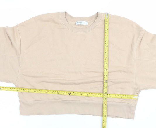 Bershka Women Beige Crop Pullover Sweatshirt Size 6 Crew Neck