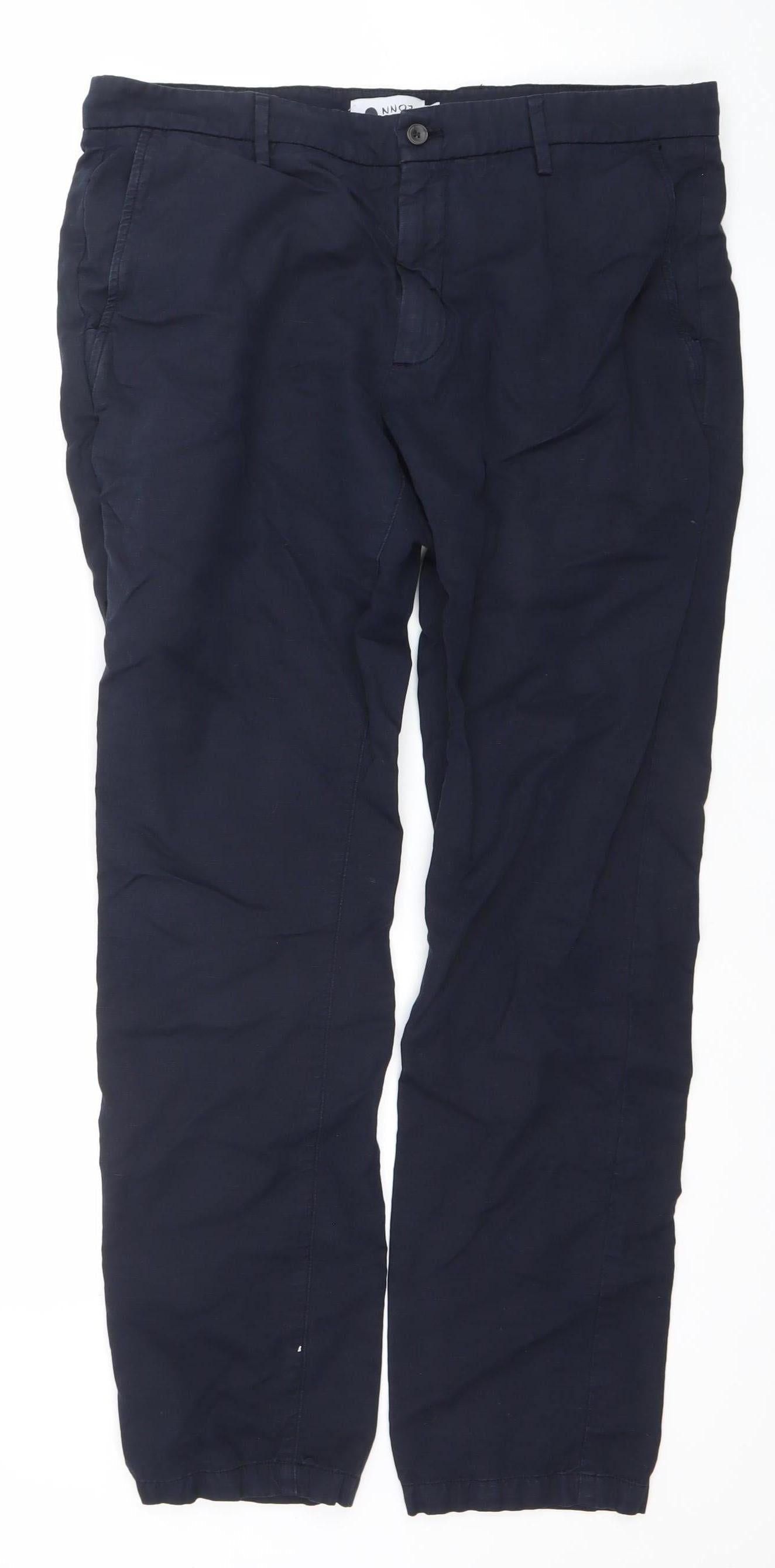 NN07 Men's Blue Cotton Linen Karl Regular Fit Chino Trousers 34W 32L