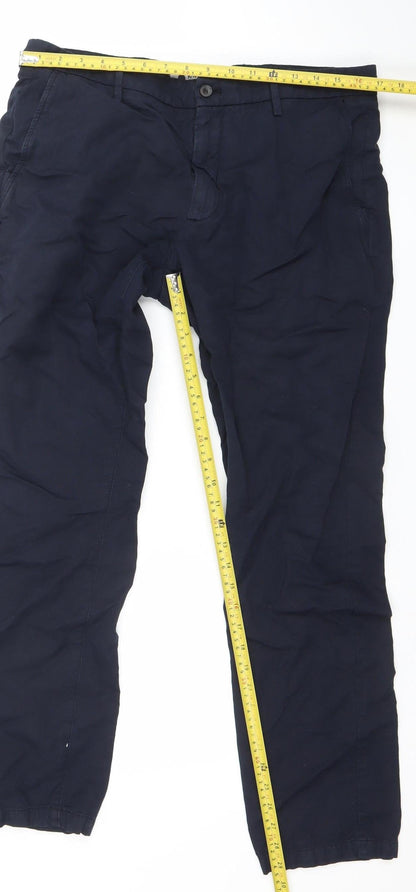 NN07 Men's Blue Cotton Linen Karl Regular Fit Chino Trousers 34W 32L