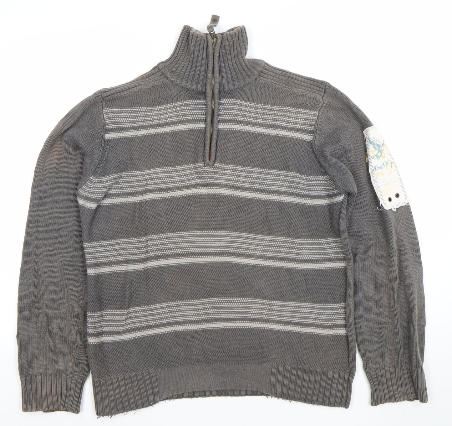 4 YOU JNS Men’s Grey Striped 1/4 Zip High Neck Cotton Jumper Size M