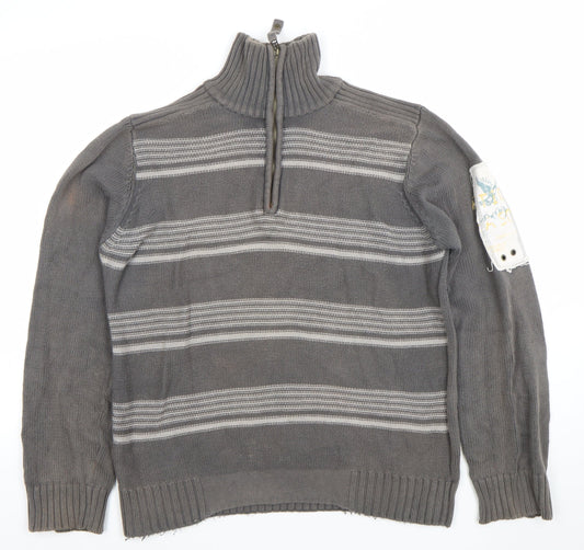 4 YOU JNS Men’s Grey Striped 1/4 Zip High Neck Cotton Jumper Size M