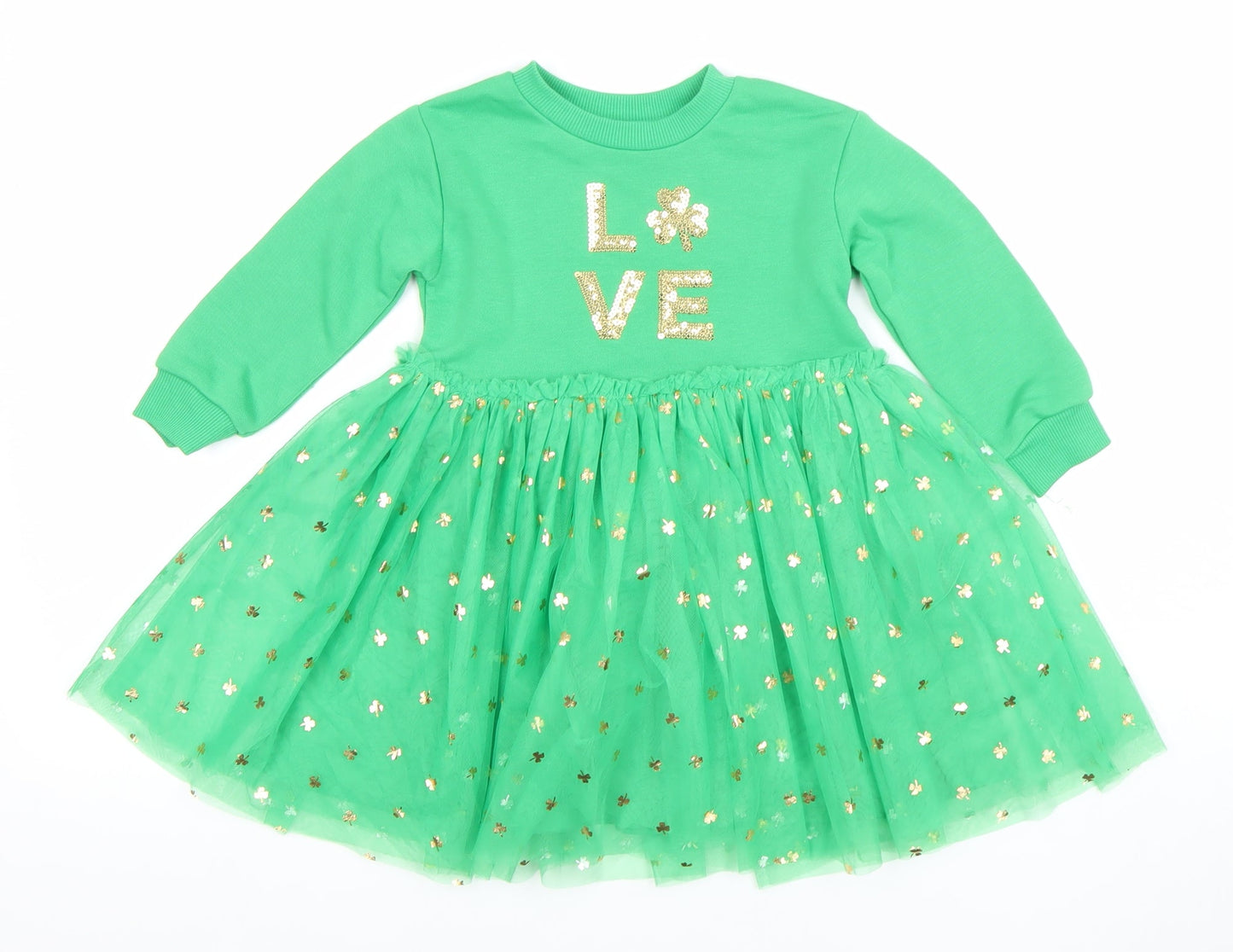 Primark Girls Green Love Glitter Tutu Dress 2-3 Years Long Sleeve Partywear