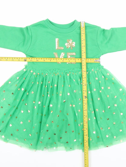 Primark Girls Green Love Glitter Tutu Dress 2-3 Years Long Sleeve Partywear