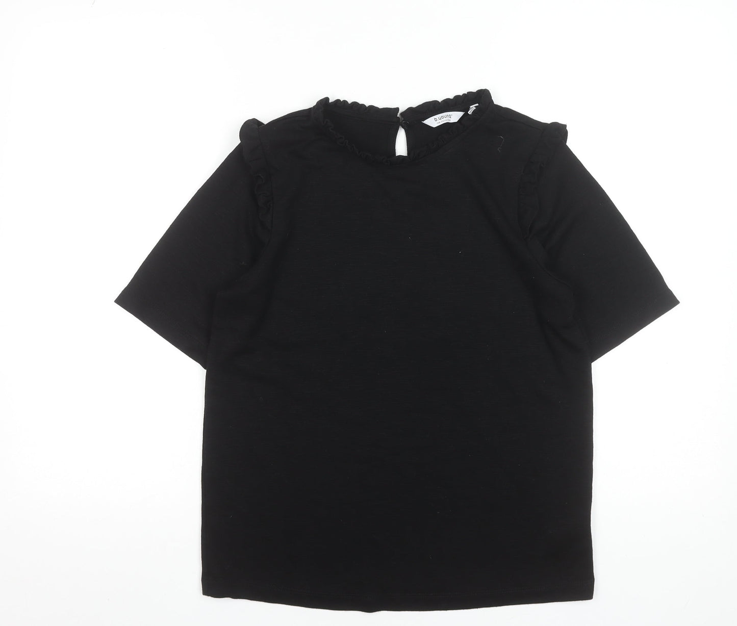 b.young Women's Black Ruffle High Neck Short Sleeve Blouse Size S