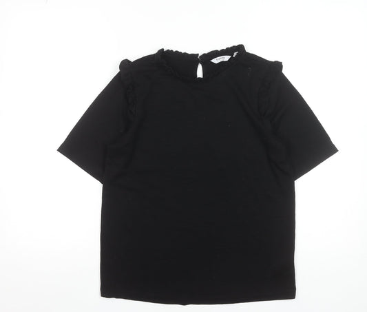 b.young Women's Black Ruffle High Neck Short Sleeve Blouse Size S