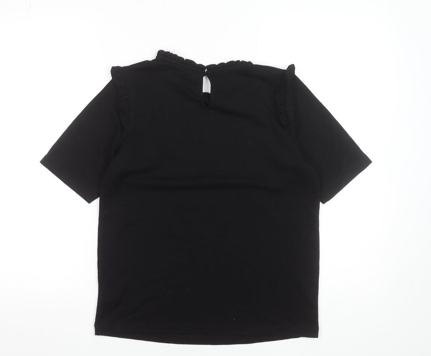 b.young Women's Black Ruffle High Neck Short Sleeve Blouse Size S