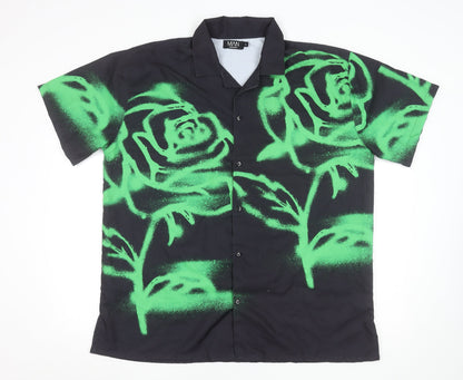 BoohooMAN Men's Black Green Rose Print Button-Up Shirt XL