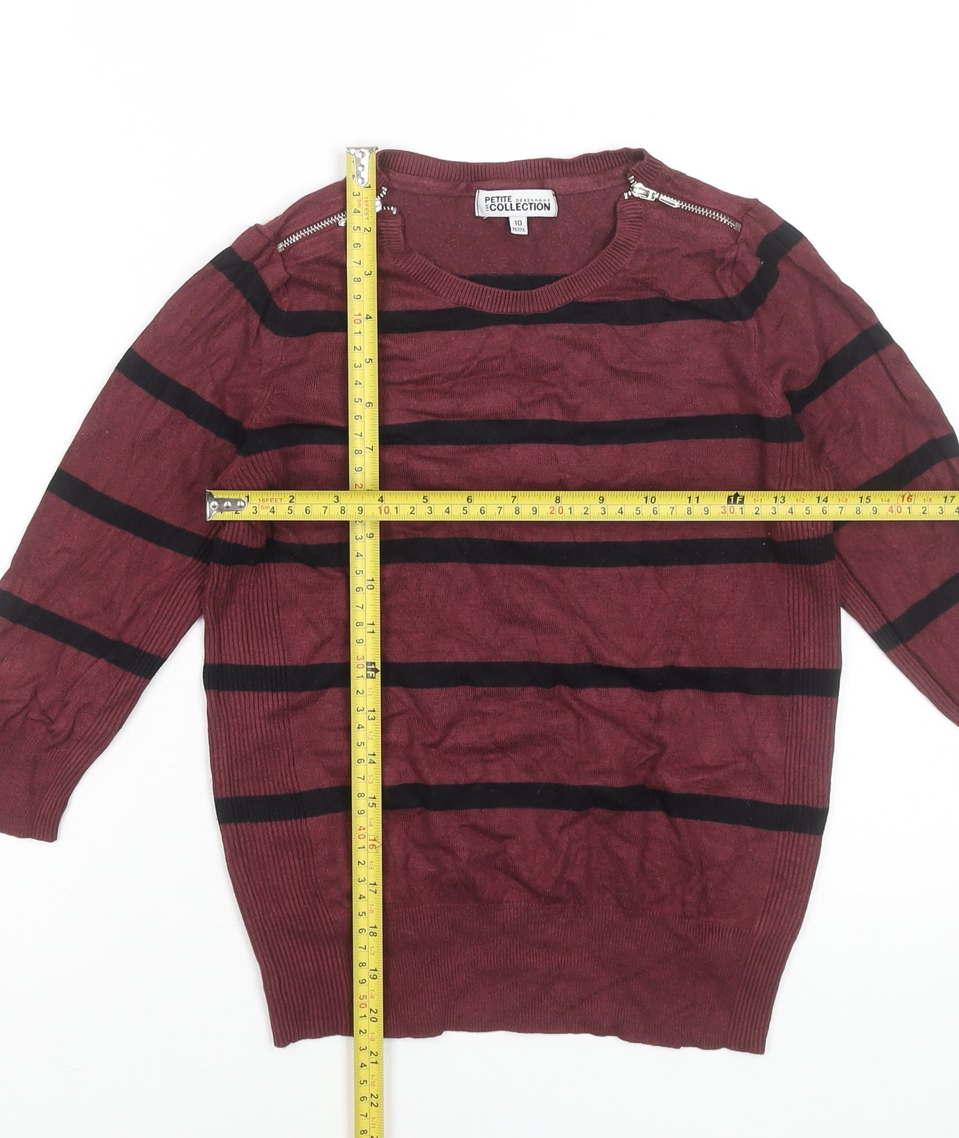 Debenhams Women’s Red Striped Petite Jumper Size 10 3/4 Sleeve Knitwear