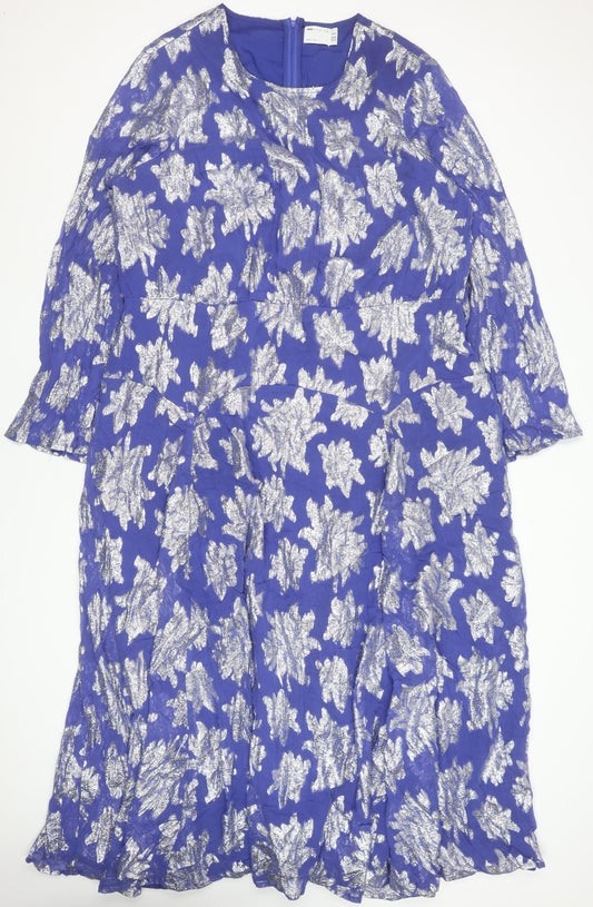 ASOS DESIGN Women Blue Metallic Floral Fit & Flare Dress Size 24
