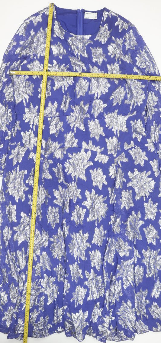 ASOS DESIGN Women Blue Metallic Floral Fit & Flare Dress Size 24