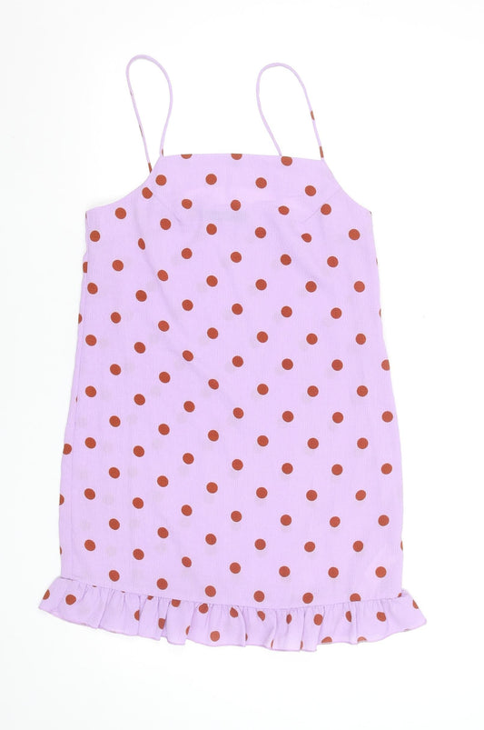 Boohoo Women’s Purple Polka Dot Slip Dress Size 8 Ruffle Hem