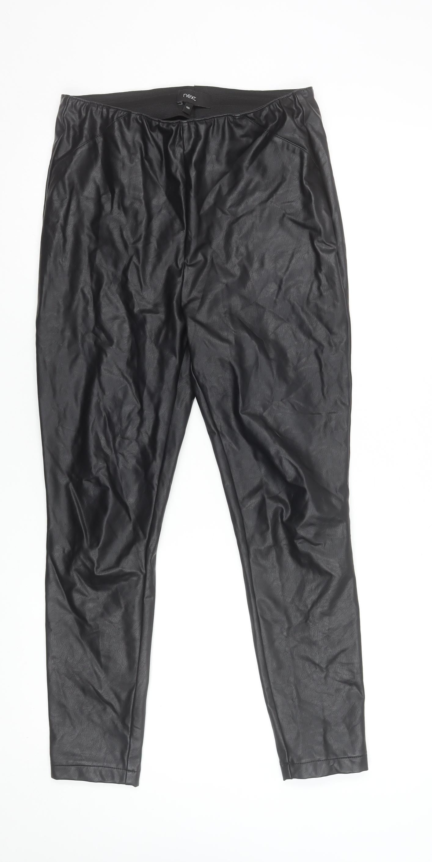 Next Women Black Faux Leather Leggings Size 10 Regular Stretchy Pull-On