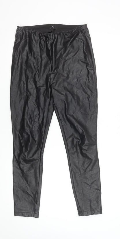 Next Women Black Faux Leather Leggings Size 10 Regular Stretchy Pull-On