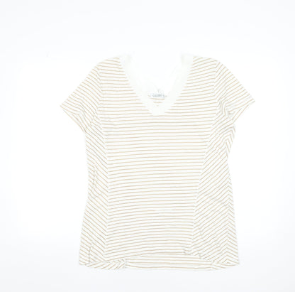 Gallery Women Beige Striped V-Neck Short Sleeve T-Shirt Size 14