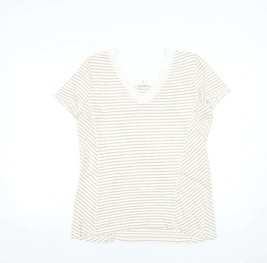 Gallery Women Beige Striped V-Neck Short Sleeve T-Shirt Size 14