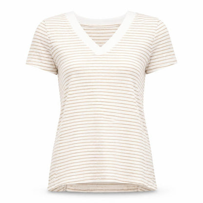 Gallery Women Beige Striped V-Neck Short Sleeve T-Shirt Size 14