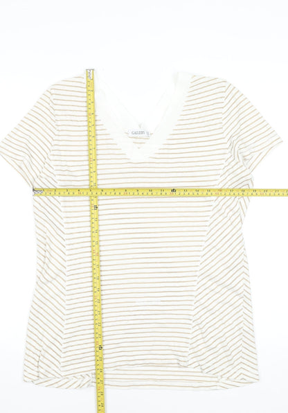 Gallery Women Beige Striped V-Neck Short Sleeve T-Shirt Size 14
