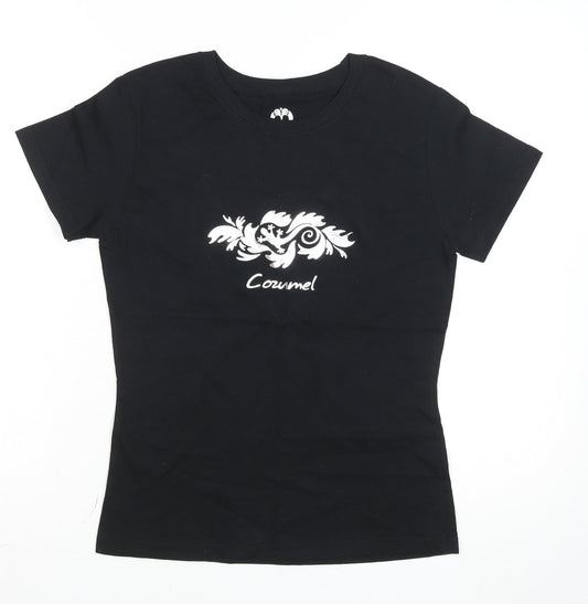 Womens UK Size M Tropical Relax Black Basic T-Shirt