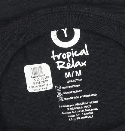 Womens UK Size M Tropical Relax Black Basic T-Shirt