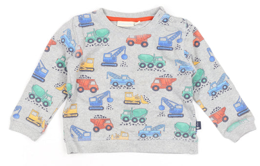 JoJo Maman Bébé Grey Construction Vehicle Long Sleeve Baby T-Shirt 12 Months