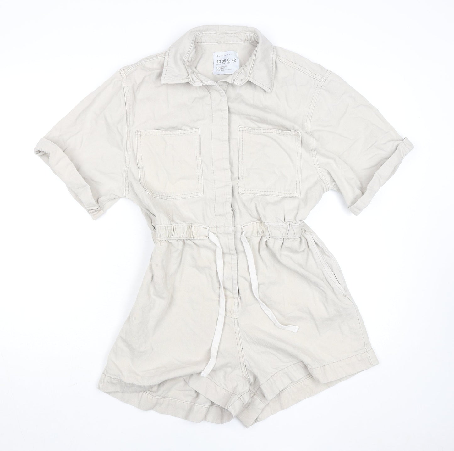Primark Women’s Beige Cotton Collared Button Playsuit Size 10