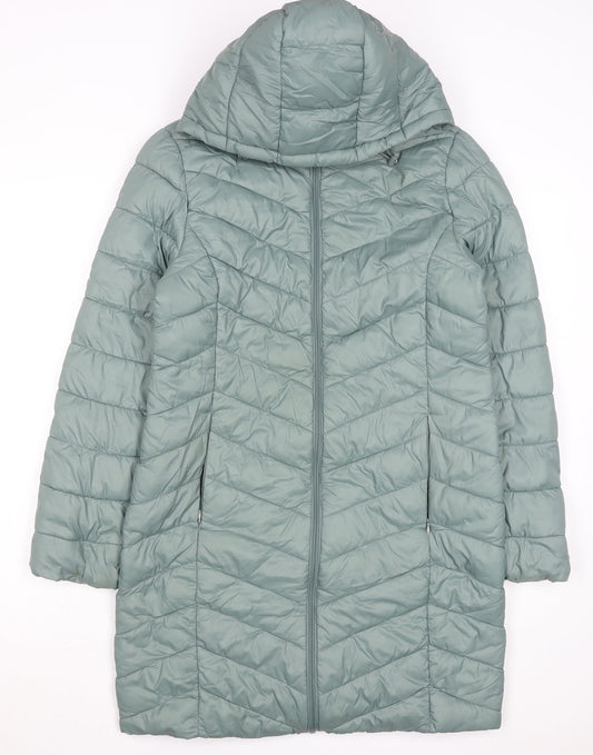 Primark Women's Green XS Hooded Long Puffer Coat Lightweight Casual