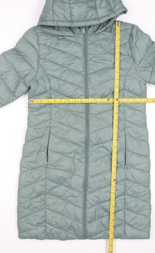 Primark Women's Green XS Hooded Long Puffer Coat Lightweight Casual