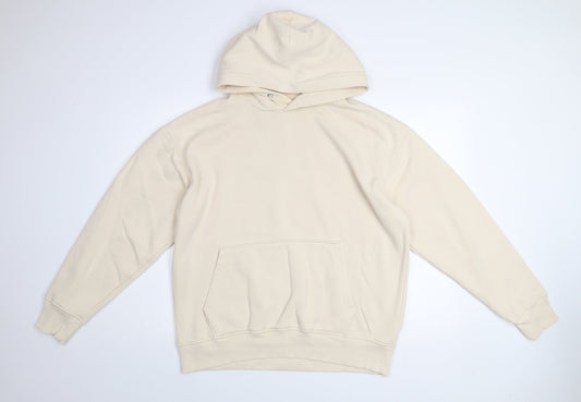 ZARA Men's Beige Pullover Hoodie Fleece Lined Hooded Sweatshirt Size L